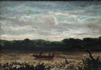 Robert Mols met een schilderij van vissers