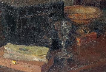 Ernest Rocher met een schilderij op hout geschilderd