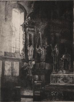 André Roelant met een ets van een kerkinterieur