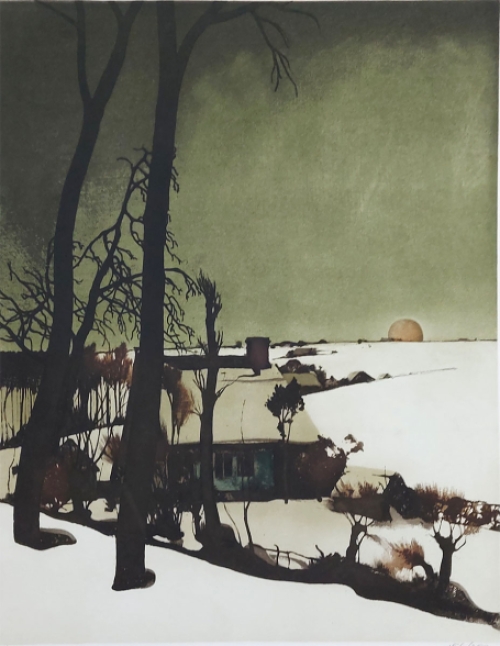 De Brusselse kunstenaar Roger Hebbelinck met een litho