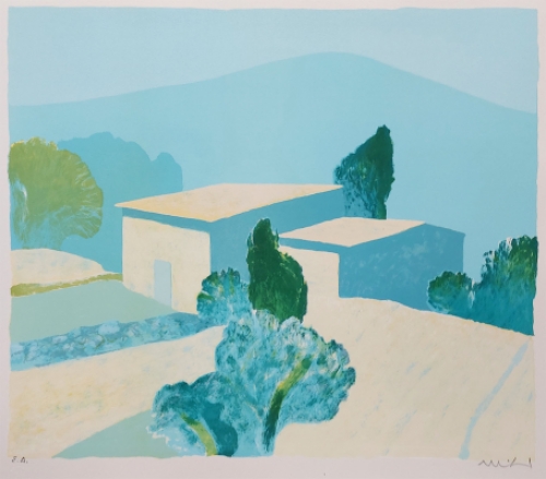 De Franse kunstenaar Roger Mühl met een litho