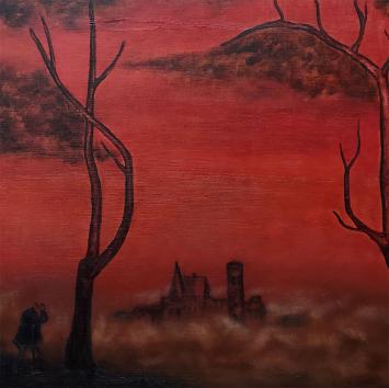 Roger Nellens met een surrealistisch landschapsschilderij