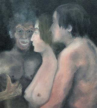 Roger Nellens met een schilderij van drie naakte mensen