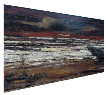 Bootje op het strand met strandstaketsel 1963