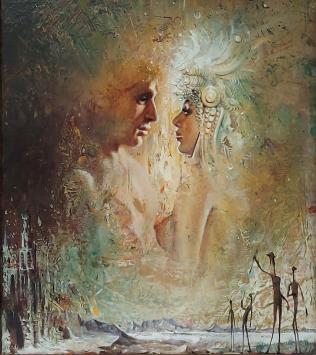 De Belgische kunstenaar Roger Van Belleghem met een olieverfschilderij