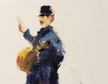 De Belgische kunstenaar Roger Van Belleghem met een olieverfschilderij