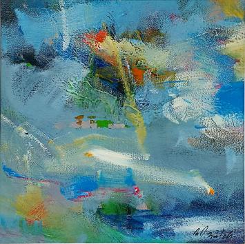 Roger Van Bulck met een abstract schilderij