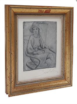 Ets, zittende dame met hoedje