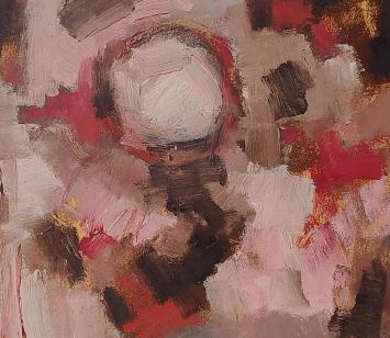 Roland Laermans  met een abstract werk op bord geschilderd