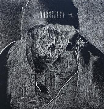 Grafiscus Roland Massa met een kunstwerk uit 1970