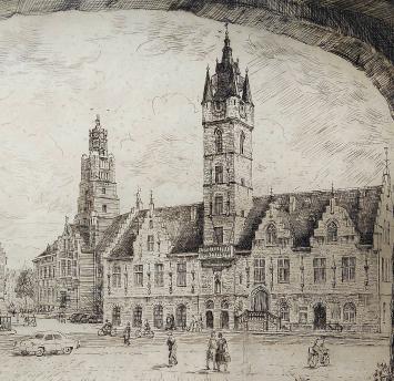 Romain Malfliet met een ets van Dendermonde