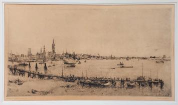 Belgische etser R. Malfliet met een ets van Antwerpen