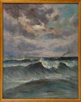 Romain Steppe met een schilderij van de Noordzee