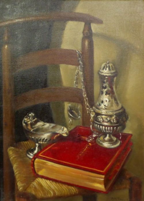 Stilleven met bijbel en wierookvat