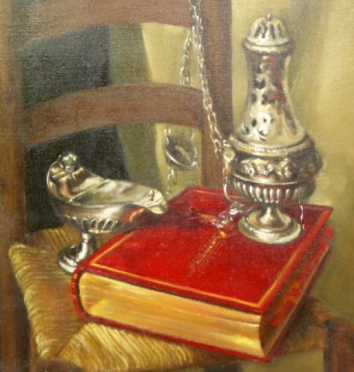 Stilleven met bijbel en wierookvat