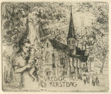 Belgische etser R. Malfliet met een ets uit 1990