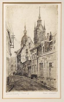 Belgische etser R. Malfliet met een ets van Temse