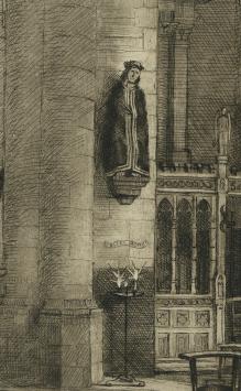 Romain Malfliet met een ets van Oud poortje (Kuyperstraat)