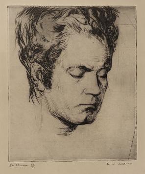 Belgische etser R. Malfliet met een ets van Beethoven
