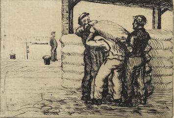 Romain Malfliet met een ets van dokwerkers