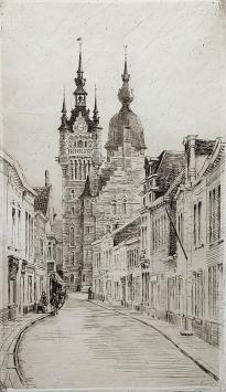 Romain Malfliet met een ets van een straat te Temse