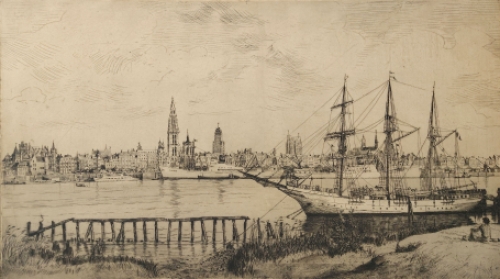 Romain Malfliet met een ets van  de Mercator in Antwerpen