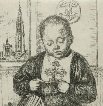 Romain Malfliet met een ets van Antwerpen