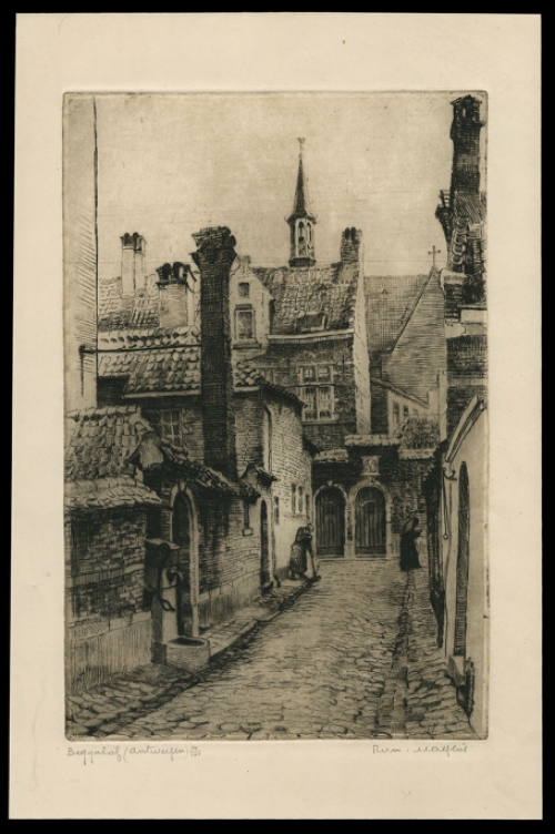 Gesigneerde ets van het Begijnhof te Antwerpen