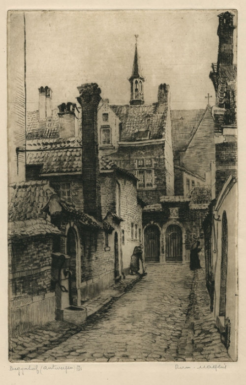 Belgische etser R. Malfliet met een Antwerpse ets