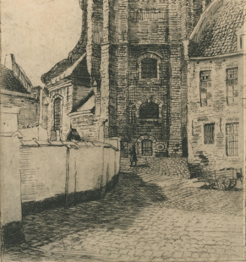 Romain Malfliet met een ets, Begijhofkerktoren  te Mechelen