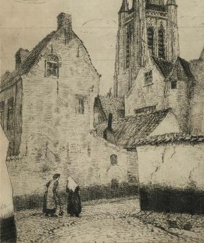 Romain Malfliet met een ets van Begijnhof Kortrijk