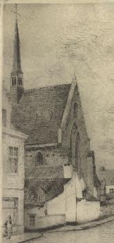 Romain Malfliet met een ets van de Begijnhofkerk te Leuven