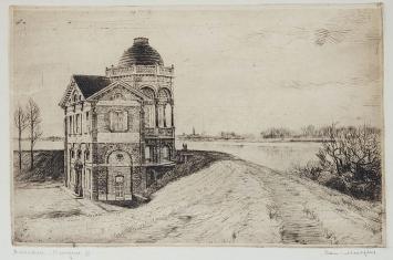 Belgische etser R. Malfliet met een ets van Belvedere