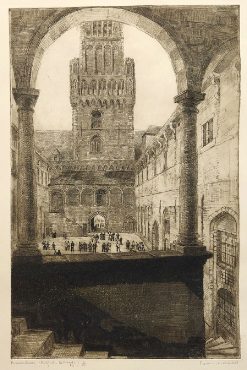 Belgische etser R. Malfliet met een ets van Brugge