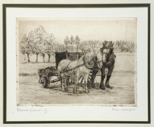 Belgische etser R. Malfliet met een ets van twee paarden