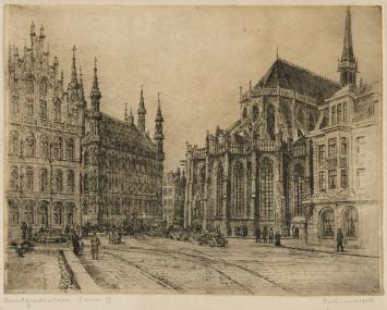 Belgische etser R. Malfliet met een ets van Leuven