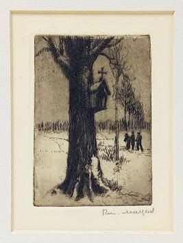 Belgische etser R. Malfliet met een ets van een boom met kapel