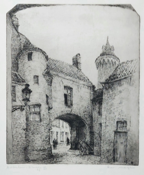 Belgische etser R. Malfliet met een Brugse ets