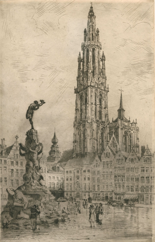 Belgische etser Romain Malfliet met een ets van Brabo