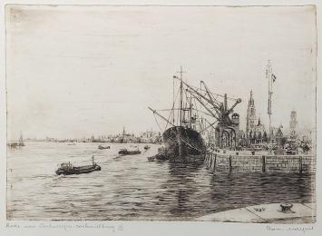 Romain Malfliet met een ets van Rede van Antwerpen - Cockerillkaai