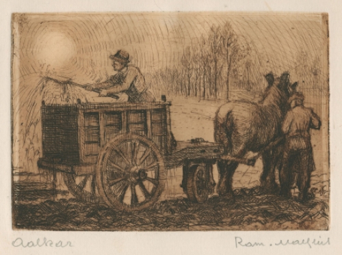 Belgische etser R. Malfliet met een ets met paard en kar
