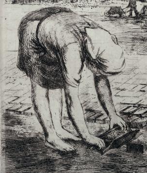 Romain Malfliet met een ets van een dame die stenen te drogen legt