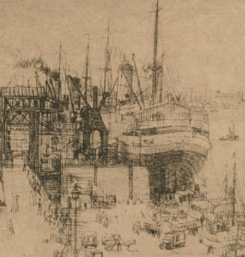 Romain Malfliet met een ets, de brug aan de kaaien te Antwerpen