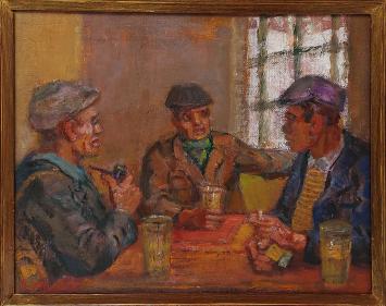 Belgische schilder R. Malfliet met een olieverfschilderij