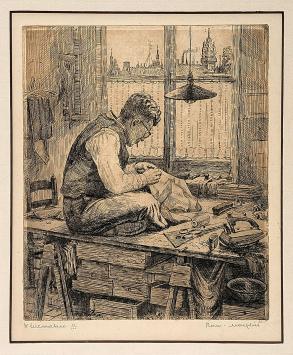 Belgische etser R. Malfliet met een ets, kleermaker