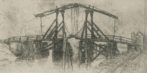 Romain Malfliet met een ets van een oude brug
