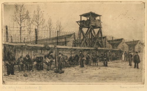 Belgische etser Romain Malfliet met een ets van interneringskamp