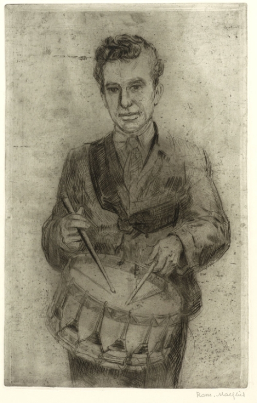 Belgische etser R. Malfliet met een ets van een trommelaar