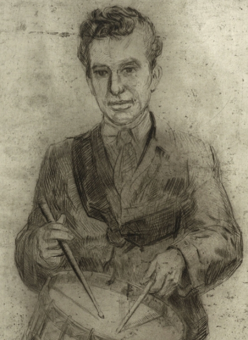 Romain Malfliet met een ets van een trommelaar