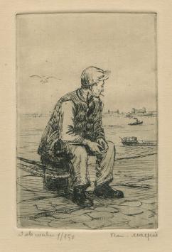 Belgische etser R. Malfliet met een kleine ets